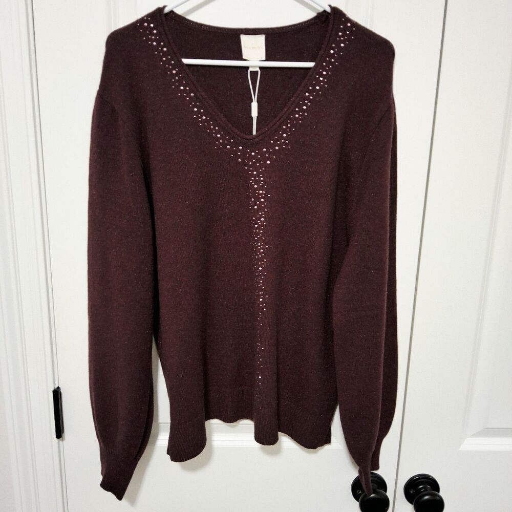 Zac & Rachel Burgundy V-neck Sweater Rhinestone Accents Size X-Large NWT